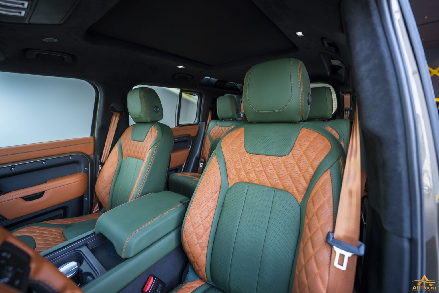 Land-Rover-Defender-interior-upholstery-Green-and-Saffron